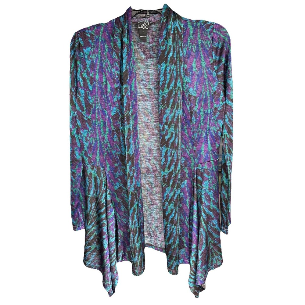 80s Clara Sun Woo S Abstract Print Shawl Collar‎ Cardigan Sweater Light 2520